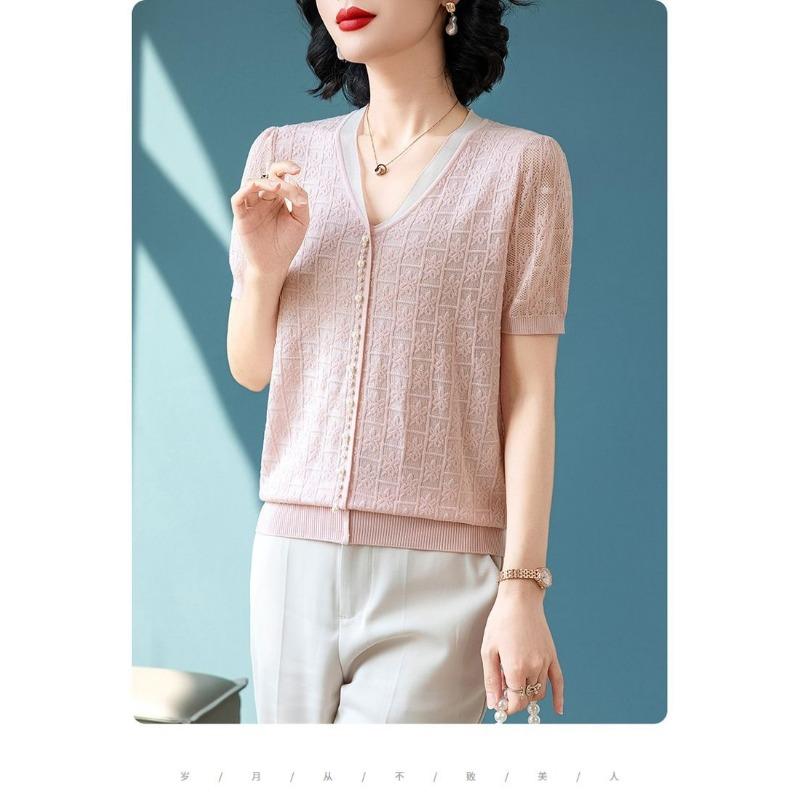 Women Light Blue V Neck Short Sleeve Knit Cardigan With Lace Openwork And Pearl Buttons