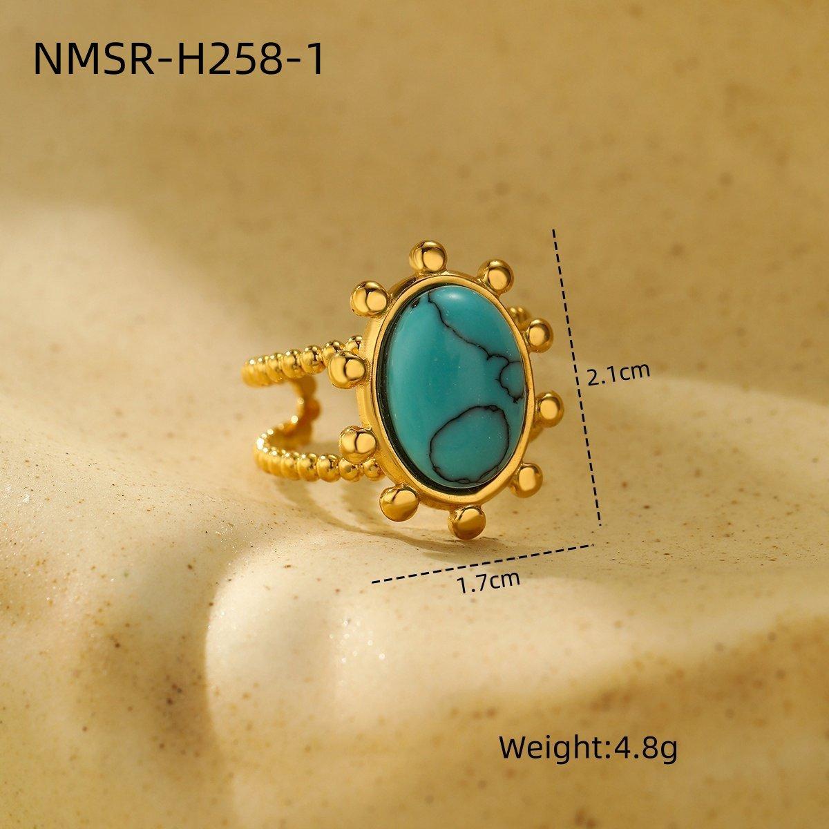 GEMCHIC Women s Vintage Oval Turquoise Ring Gold Plated Stainless Steel Beaded Adjustable Finger Ring Fashion Geometric Jewelry