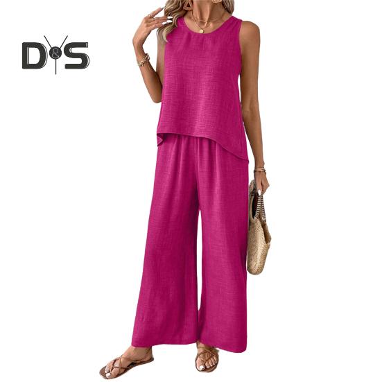 

Женский комплект из двух предметов для отдыха, летний топ без рукавов с вырезом сзади и широкие брюки, повседневная одежда для отпуска и путешествий S розы красного