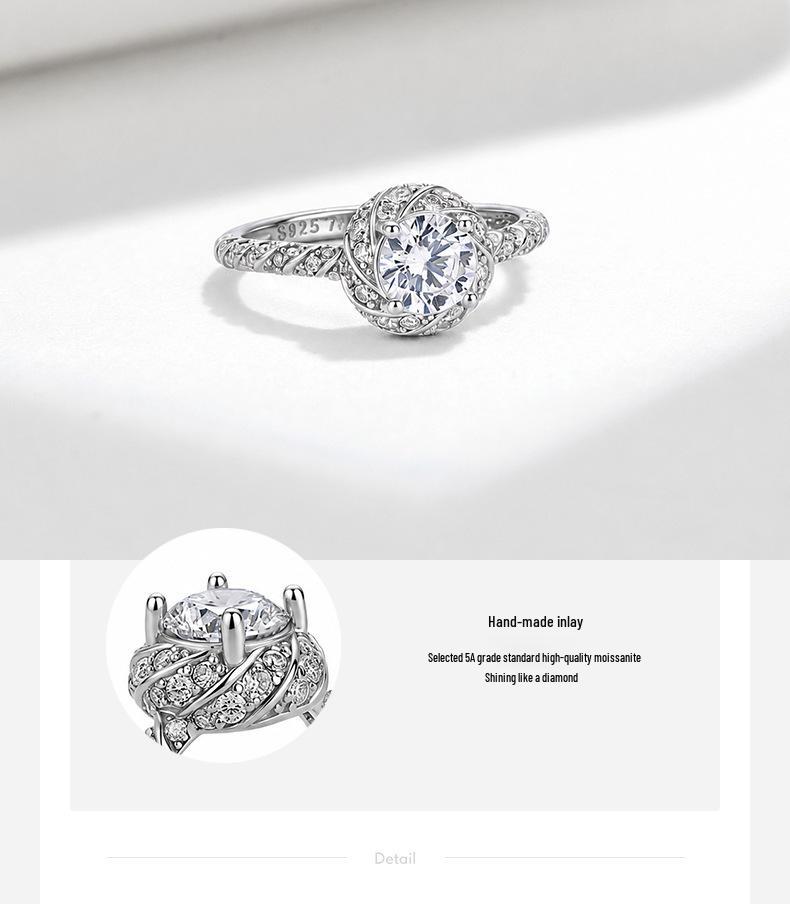 S925 Sterling Silver Twisted Moissanite Ring with Four-Prong Setting for Women