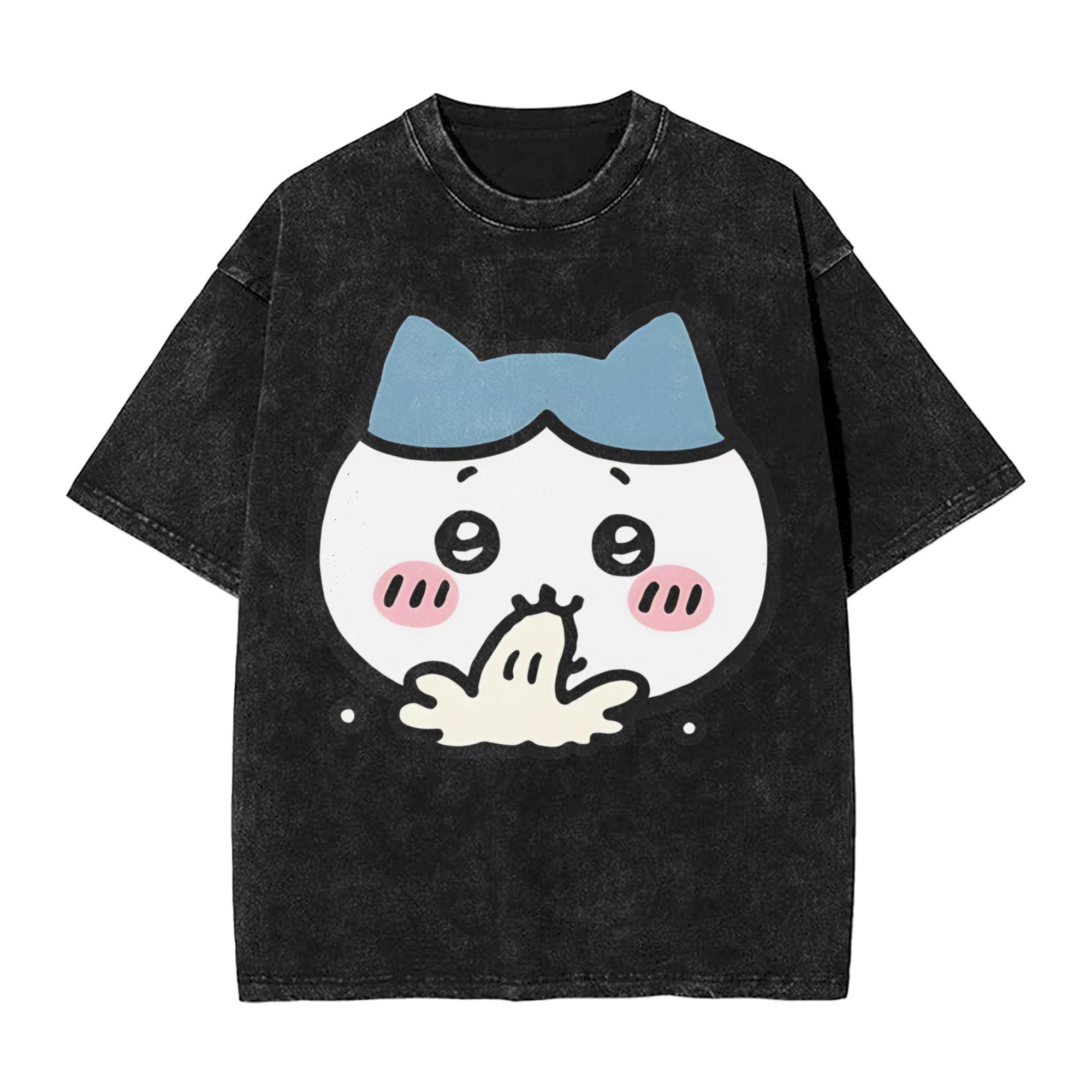 Washed T Shirts Hachiware Stay Focused Chiikawas Hip Hop Novelty TShirt Harajuku Streetwear Cotton Summer Tops Tees for Men 2XL