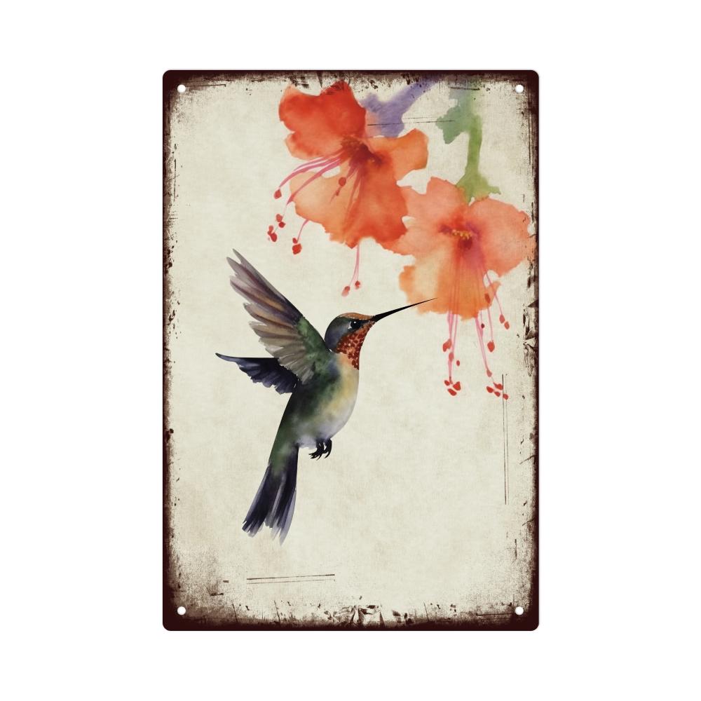 

Vintage Hummingbird & Wild Flowers Metal Tin Sign, Rustic Wall Art for Home, Living Room, Bars, Cafes - Weathered Look Decor 20x30cm（7.8x11.8inch）