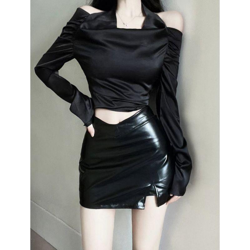 

European and American Style Autumn and Winter Black Sheath Small Leather Skirt Large Size Pu Skirt Women Tight High Waist Slim and Sexy Short Skirt Black M