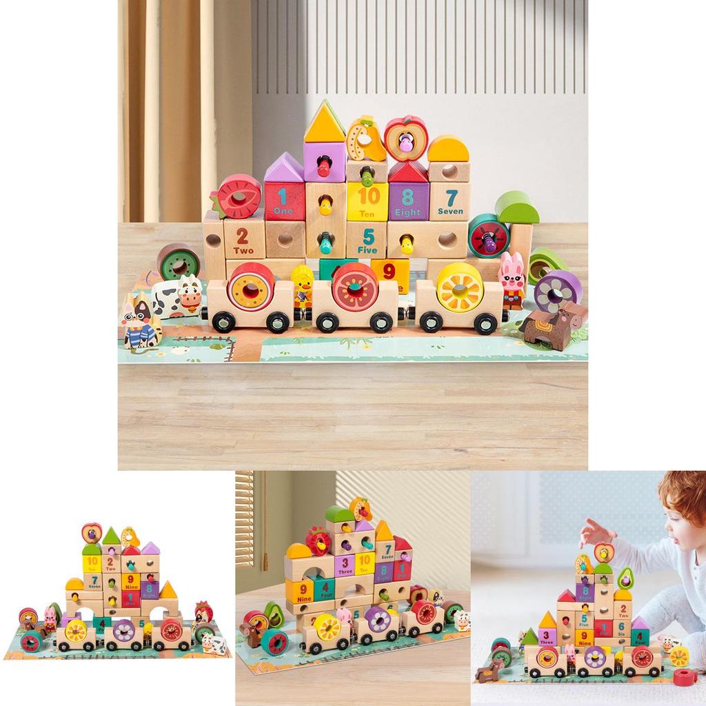 Kreativer Holz-Fruchtzug Bausteine für Kinder zum Erlernen von Zahlen und englischer Erkennung