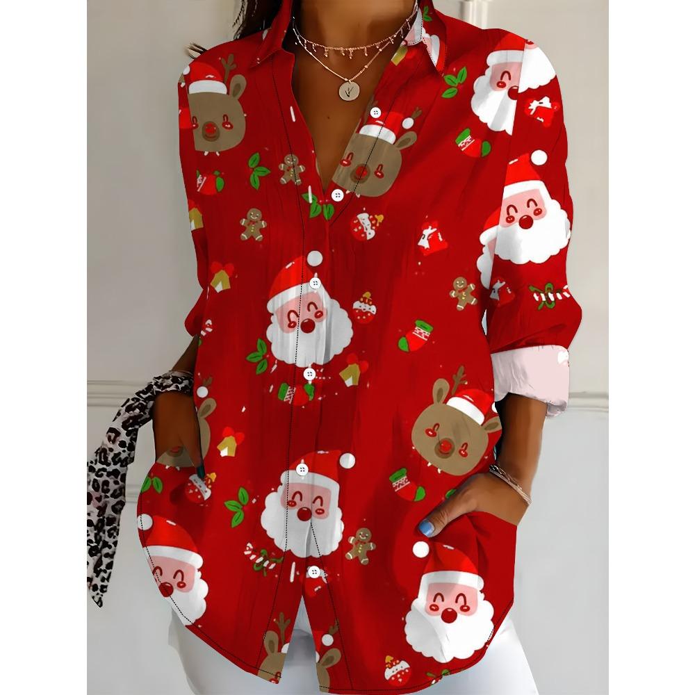 Large Size Women's Long Sleeve Shirt Christmas Style Pattern Loose Printed Shirt Santa Elements