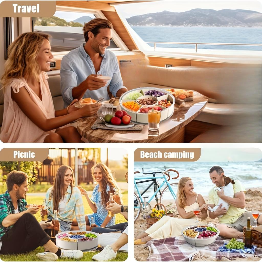 Rotating Snack Tray with Lid and Handle Multi-Compartment Fruit and Vegetable Serving Plate Durable Party Snack Storage Box