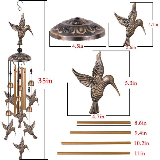 Solawindchime Outdoor Hummingbird Wind Chimes, Hummingbird Bronze Wind Chimes, Gift Wind Chime, Hummingbird Wind Bell Gifts for Women, for Home,