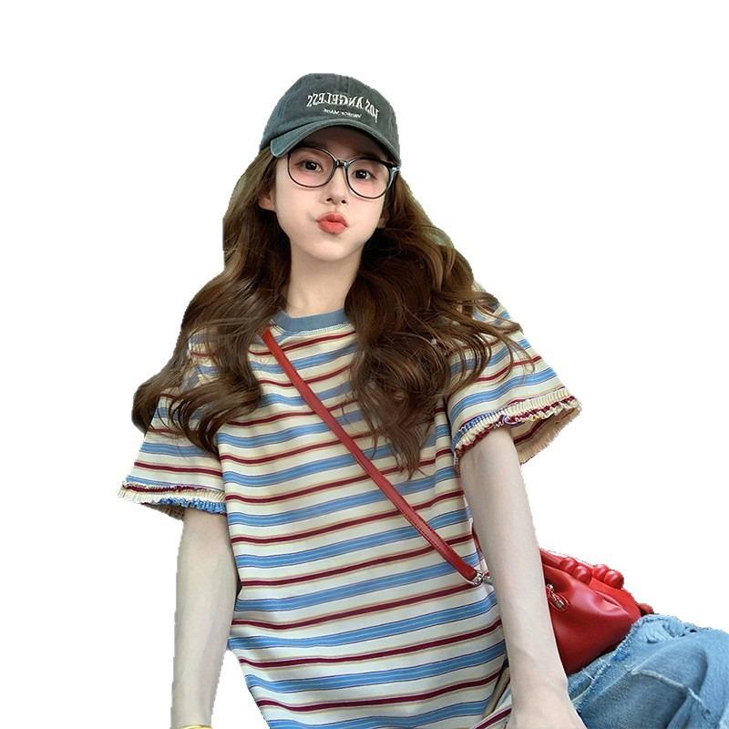 American Retro Right-shoulder Pure Cotton Short-sleeved Women's Summer New Loose and Western-style Contrasting Lace Striped Top