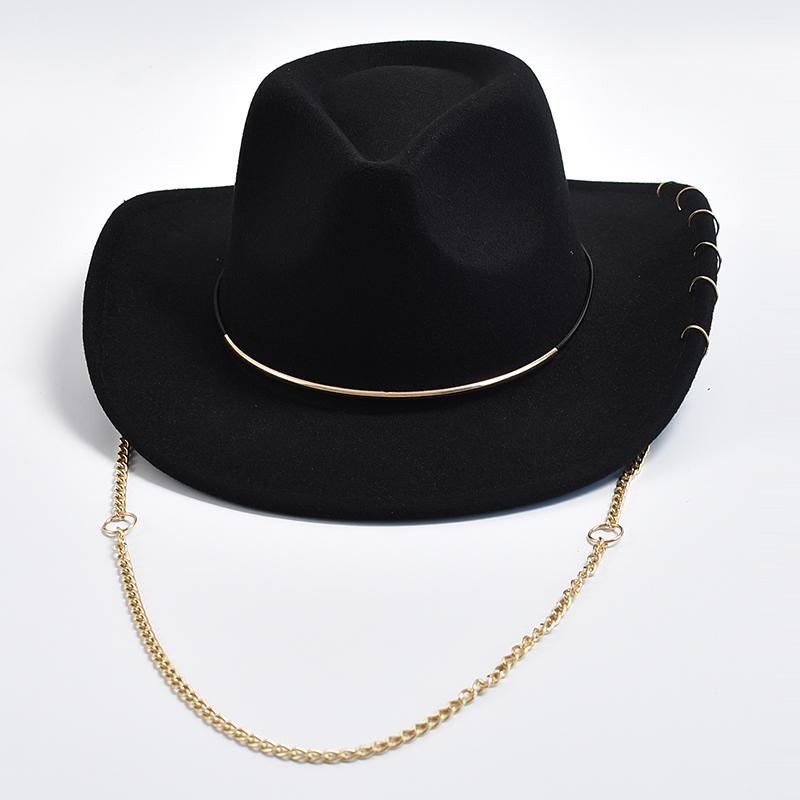 Retro Fedora Hats for Women Men Metal Chain Decor Felt Jazz Hats Curved Brim Western Cowboy Hat Sombrero Hombre