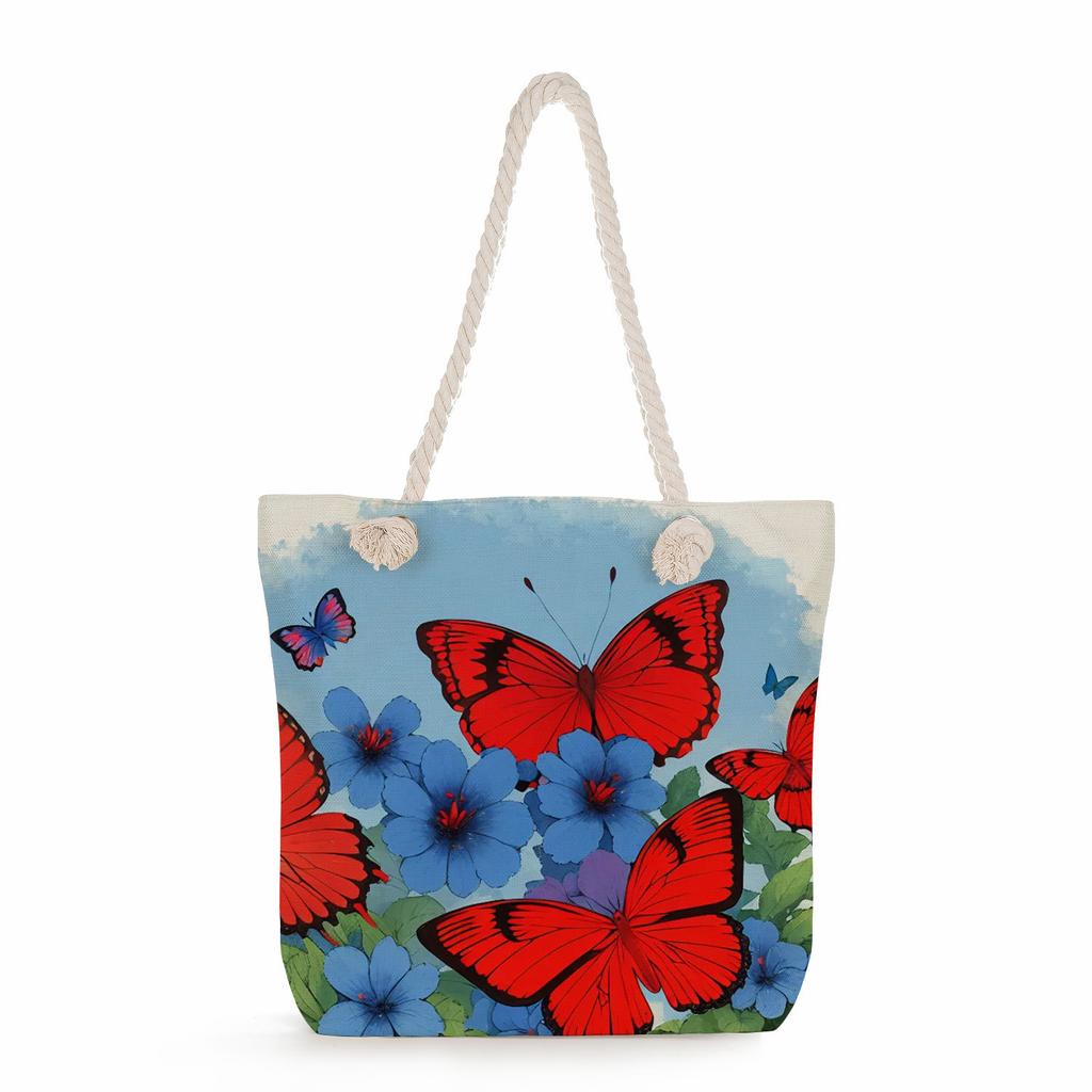 Butterfly print thick rope single-shoulder beach bag 7320