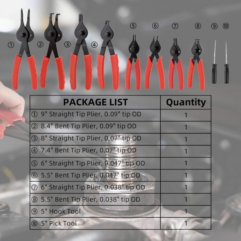 Heavy Duty Snap Ringing Pliers Kit Internal & External Circlip Tool 10 Piece For Car Brake System And Machinery Maintenance