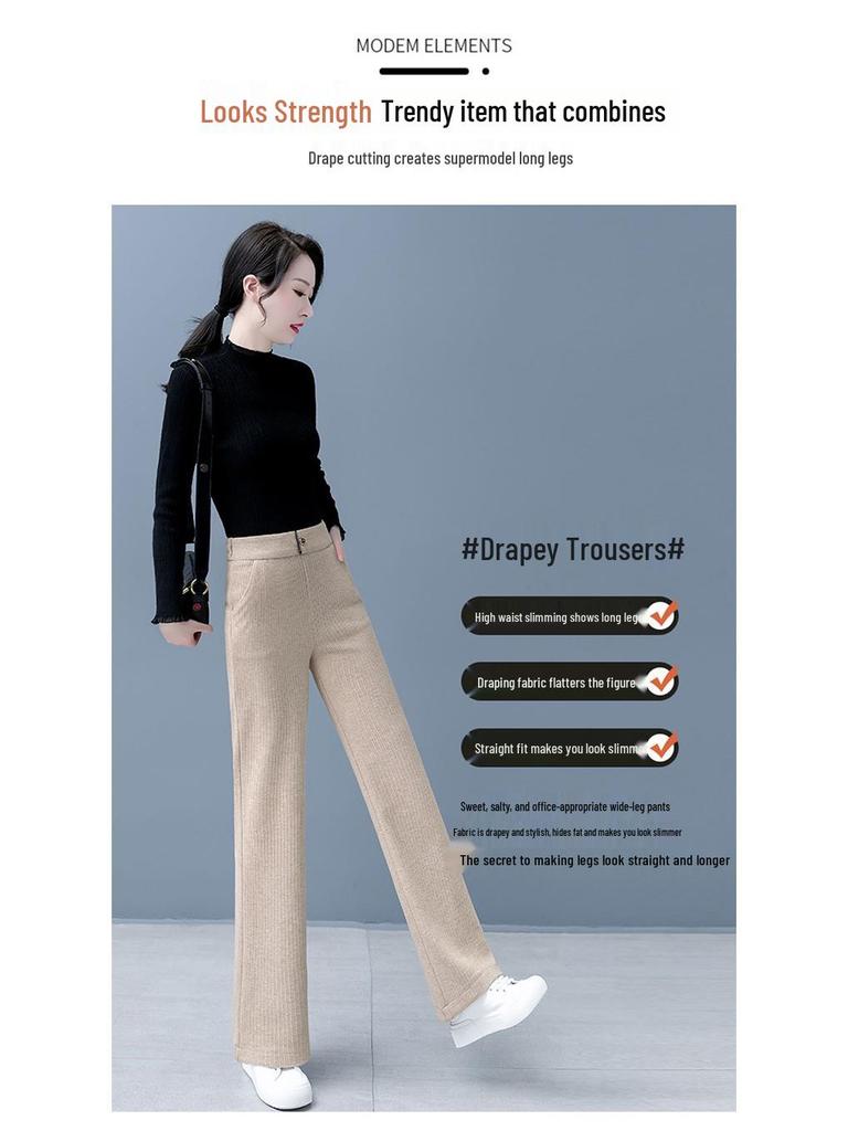 High-Waisted Slim-Fit Straight-Leg Pants: Versatile, Elastic Waist, Thickened for Autumn & Winter