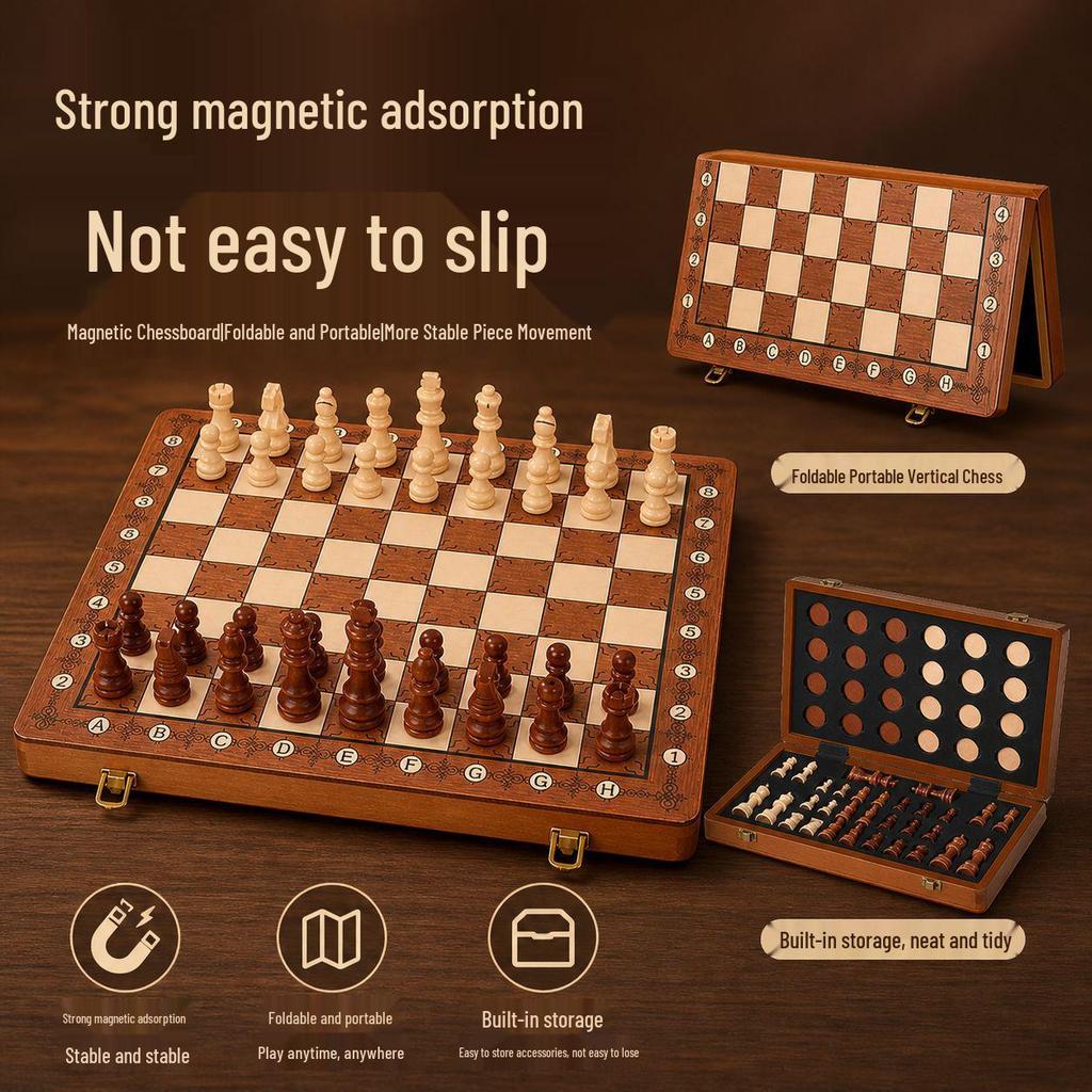 2-in-1 Wooden Folding Magnetic Chess & Checkers Board Game - Portable Tabletop Puzzle Toy