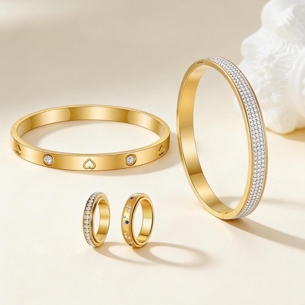 European & American Style Women's Diamond Design Stainless Steel Ring Bracelet Set - Light Luxury, Four-Piece Collection.