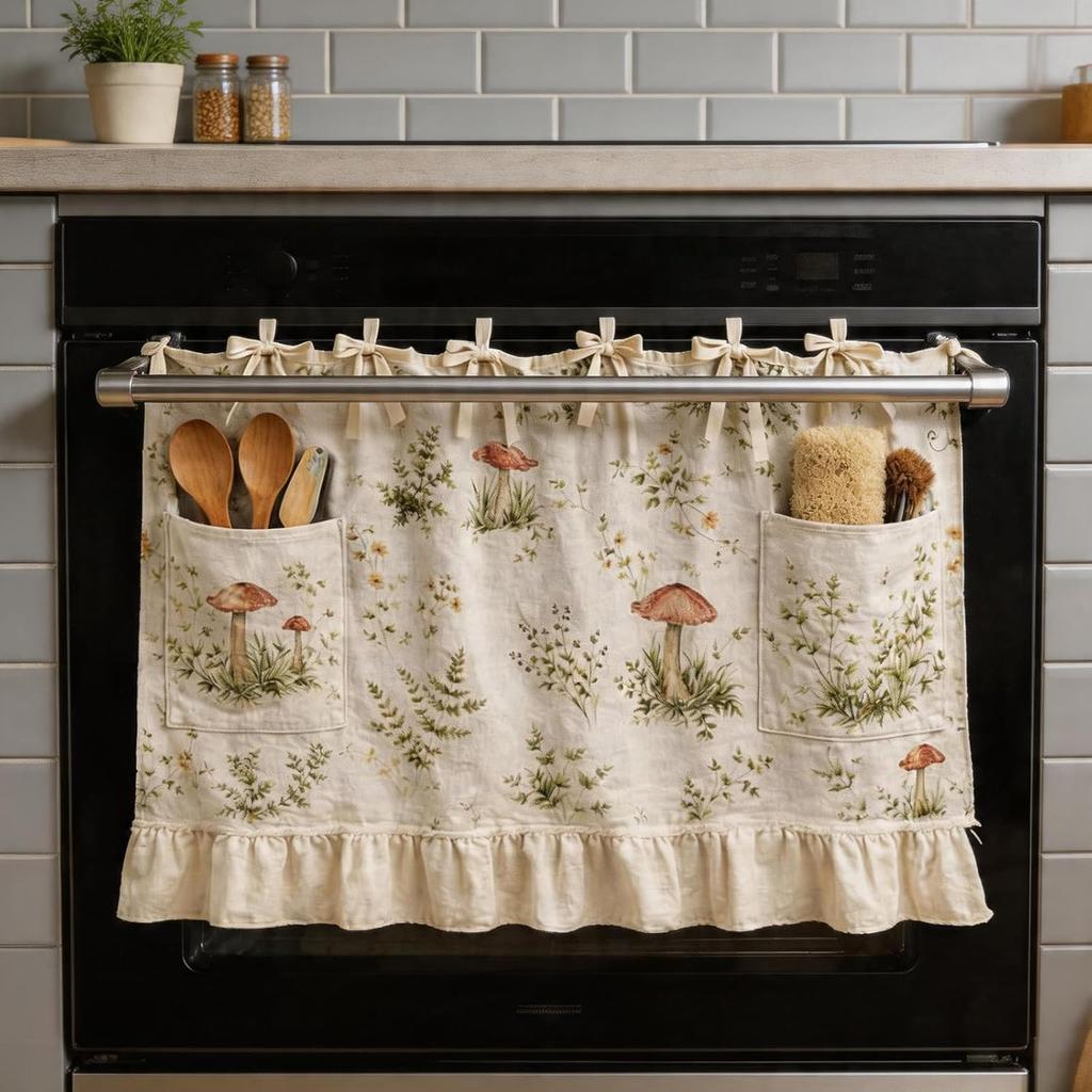Modern Farmhouse Kitchen Oven Skirt Ribbon Ties and Ruffled Trim Kitchen Dishwasher Hidden Curtains with Adjustable Lace
