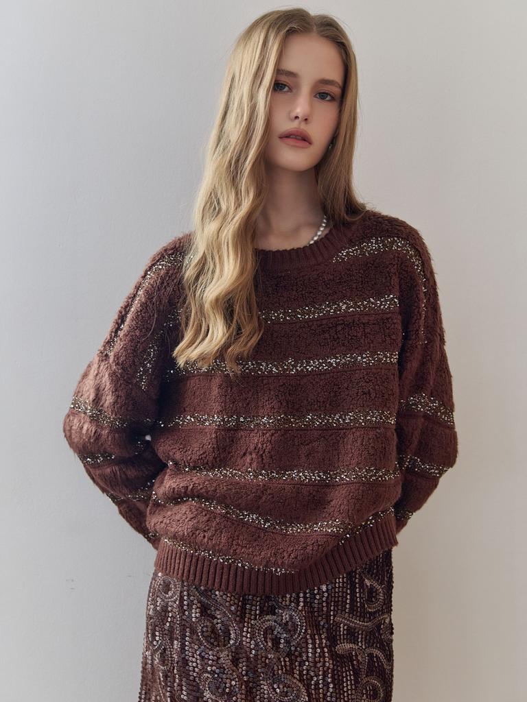MAXZA Sequin Stripe Loose Fit Boucle Knit