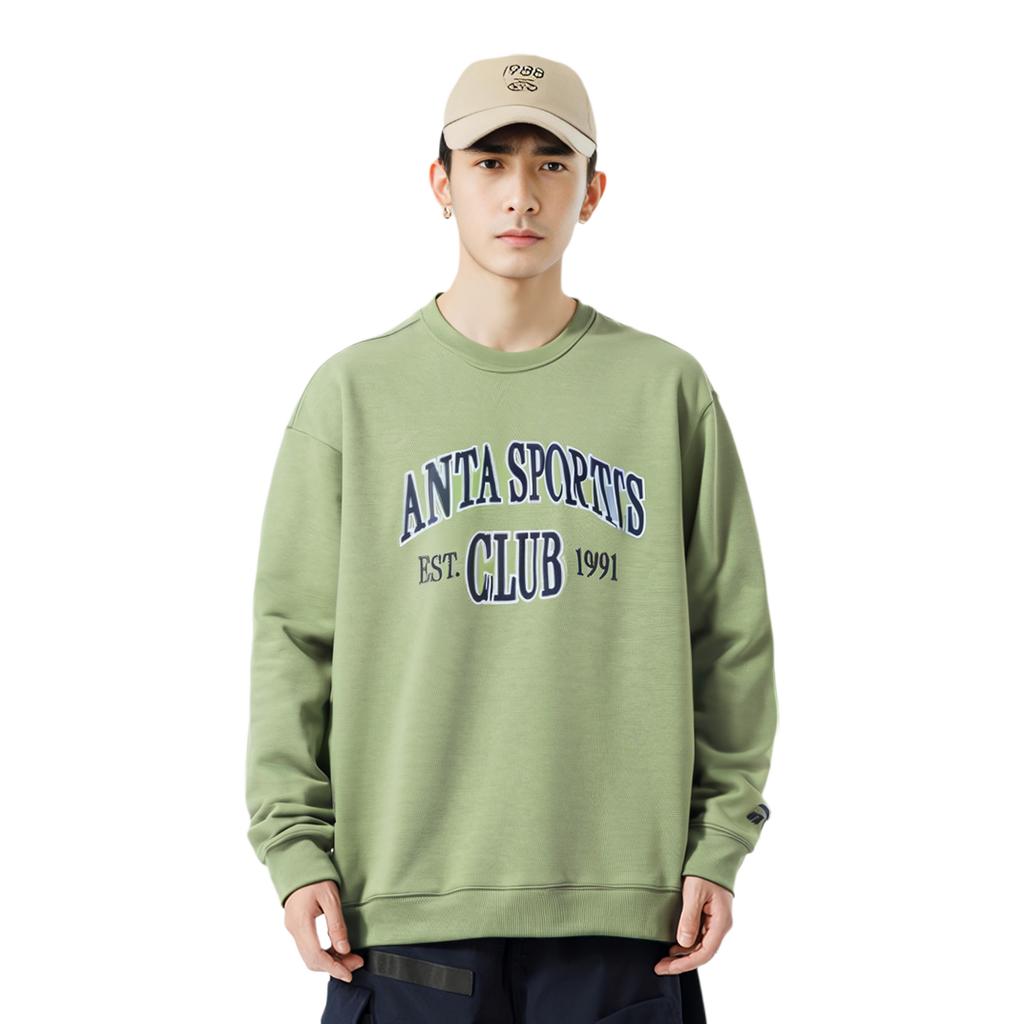 Anta Comfortable Casual Loose Fit Round Neck Letter Print Long Sleeve Sweatshirt Men Sweatshirt Gray Green 152438701-2