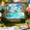 Serene Tropical Beach Tapestry, Turquoise Ocean with Lush Palm Trees and a Secluded Island, Calming Coastal Wall Art