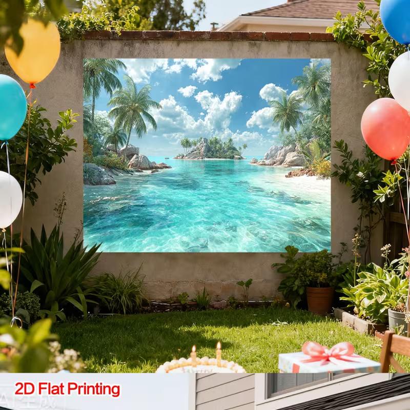 Serene Tropical Beach Tapestry, Turquoise Ocean with Lush Palm Trees and a Secluded Island, Calming Coastal Wall Art