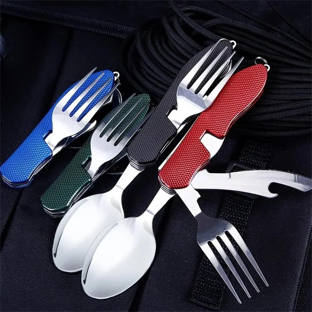 4-in-1 Faltbares Besteckset, Edelstahl Campingbesteck mit Messer Gabel Löffel Flaschenöffner, Tragbar für Outdoor Reisen