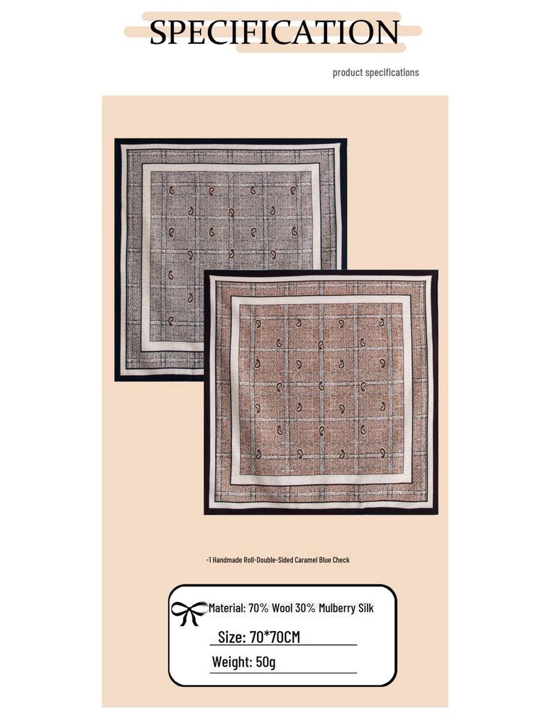 Paisley Cashew Silk Wool Scarf - Women's Autumn/Winter Hand-Rolled High-End Square Neck Tie, 70x70 cm