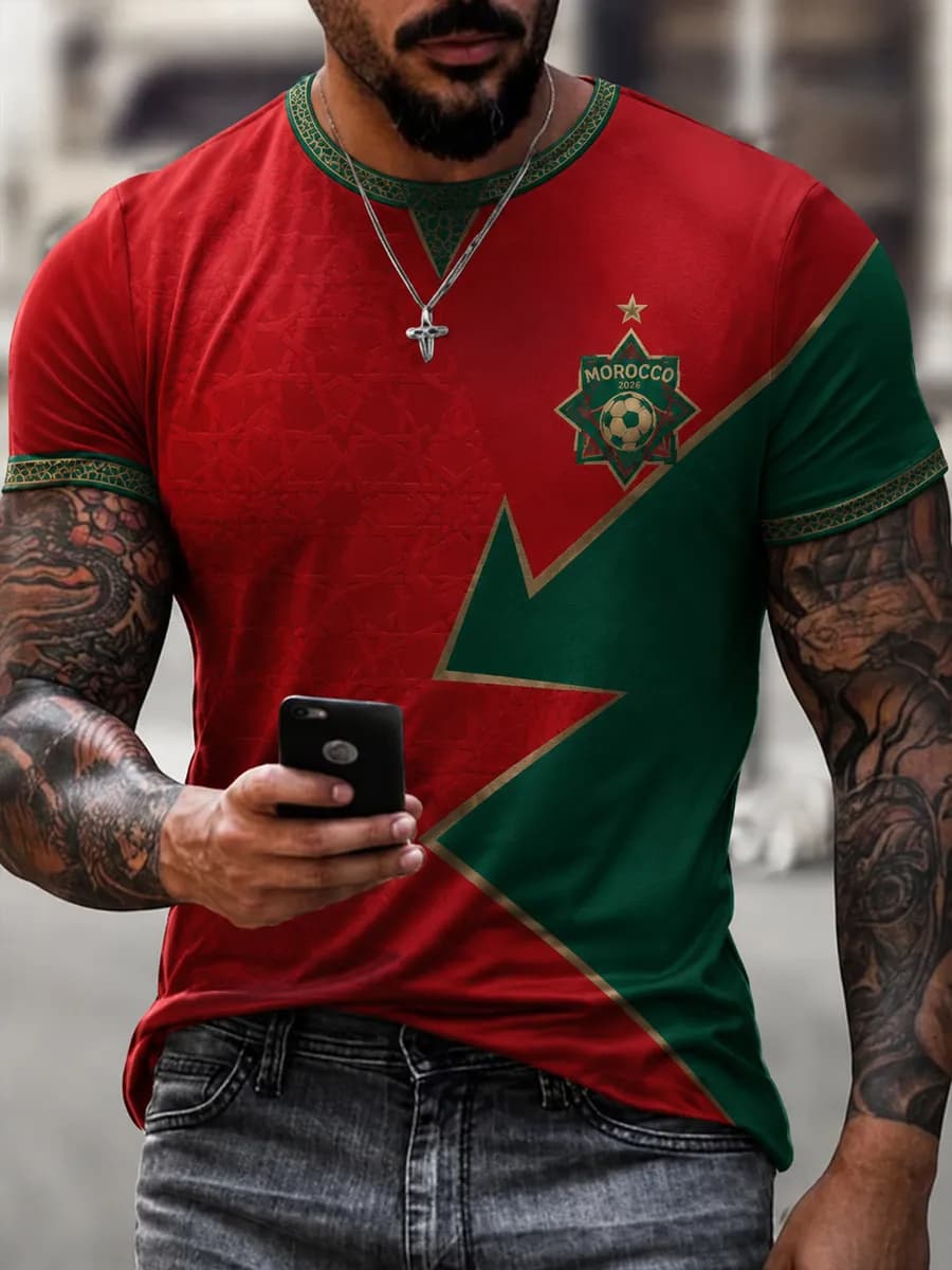 Huiteng12 2026 Marokko Voetbal Fans T-shirt Heren Rood Letterprint Korte Mouw T-shirt Team Voetbal Supporter Casual Sportshirt Top 2XL