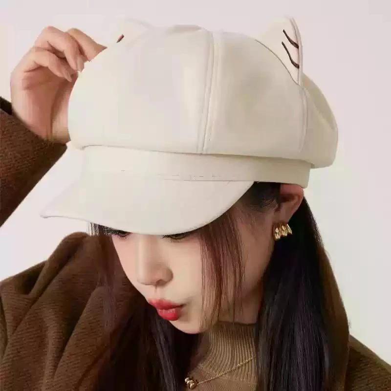 Japanese Style Cute Woolen Cat Ear Beret For Women Autumn And Winter Duckbill Octagonal Hat