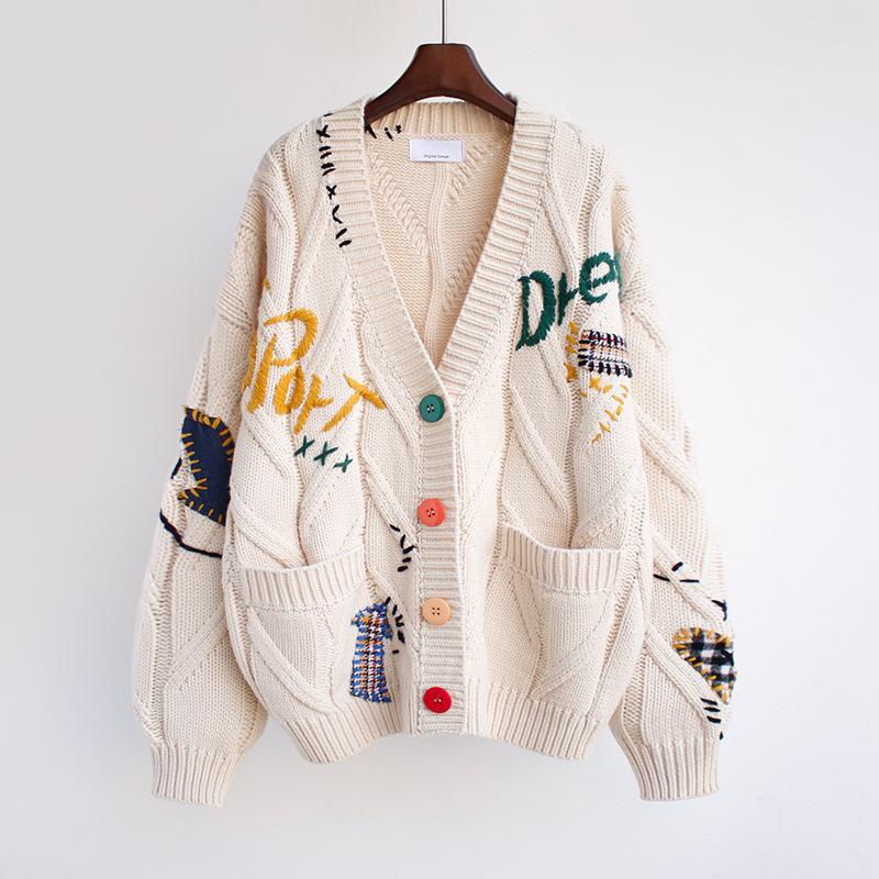 Chic Autumn/Winter 2023 Embroidered Letter Design Loose Knitted Cardigan for Women