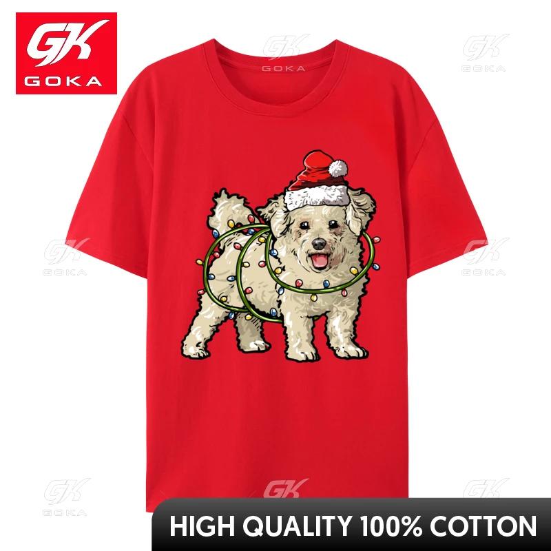 Cute Bichon Frise Santa Christmas Tree Lights Xmas TShirt Tops Unisex Cotton Tee Camisas Basic Tops Fashionable