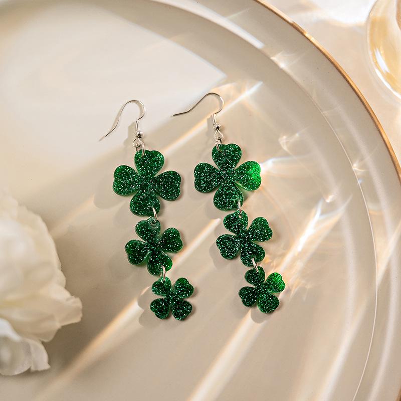 Ireland St. Patrick'S Day Earrings, Green Lucky Flower Acrylic Earrings
