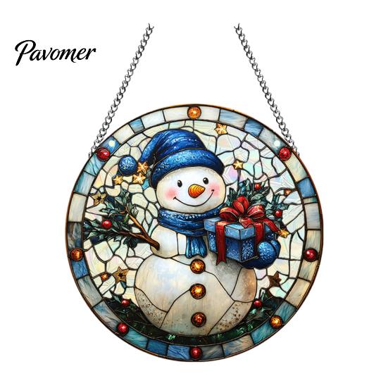 Colorful Acrylic Window Decorations Christmas 2D Hanging Ornaments, Stained Glass Style Snowman Santa Snowflake Suncatcher for Hanger with Chain,