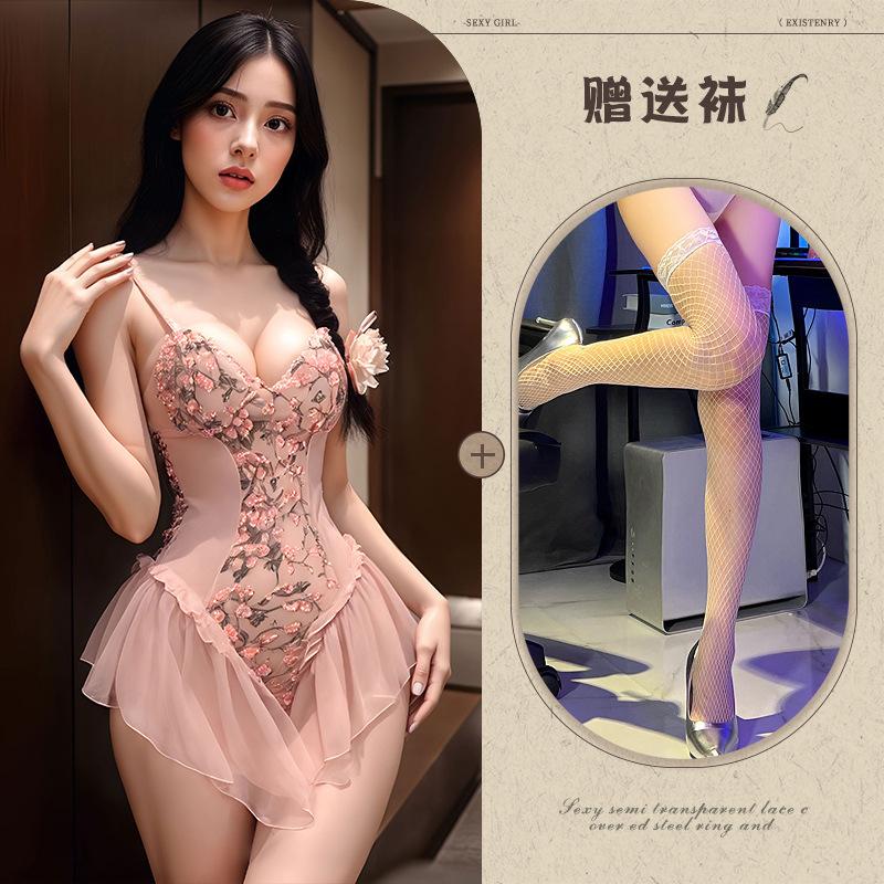Sexy Underwear Elegant Suspenders Embroidery Want To Tie Slim Fit Gathering Floral Mesh Straps Tights Onesie