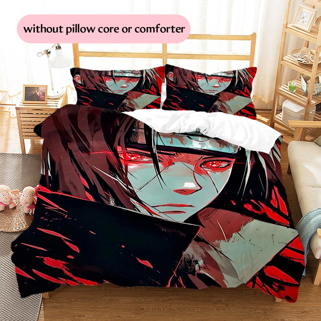 Naruto Anime Wzór Itachi Uchiha Pościel Dekoracja Domu Prezent Urodzinowy (1 * poszwa na kołdrę + 2 * poszewki na poduszki, bez rdzenia)