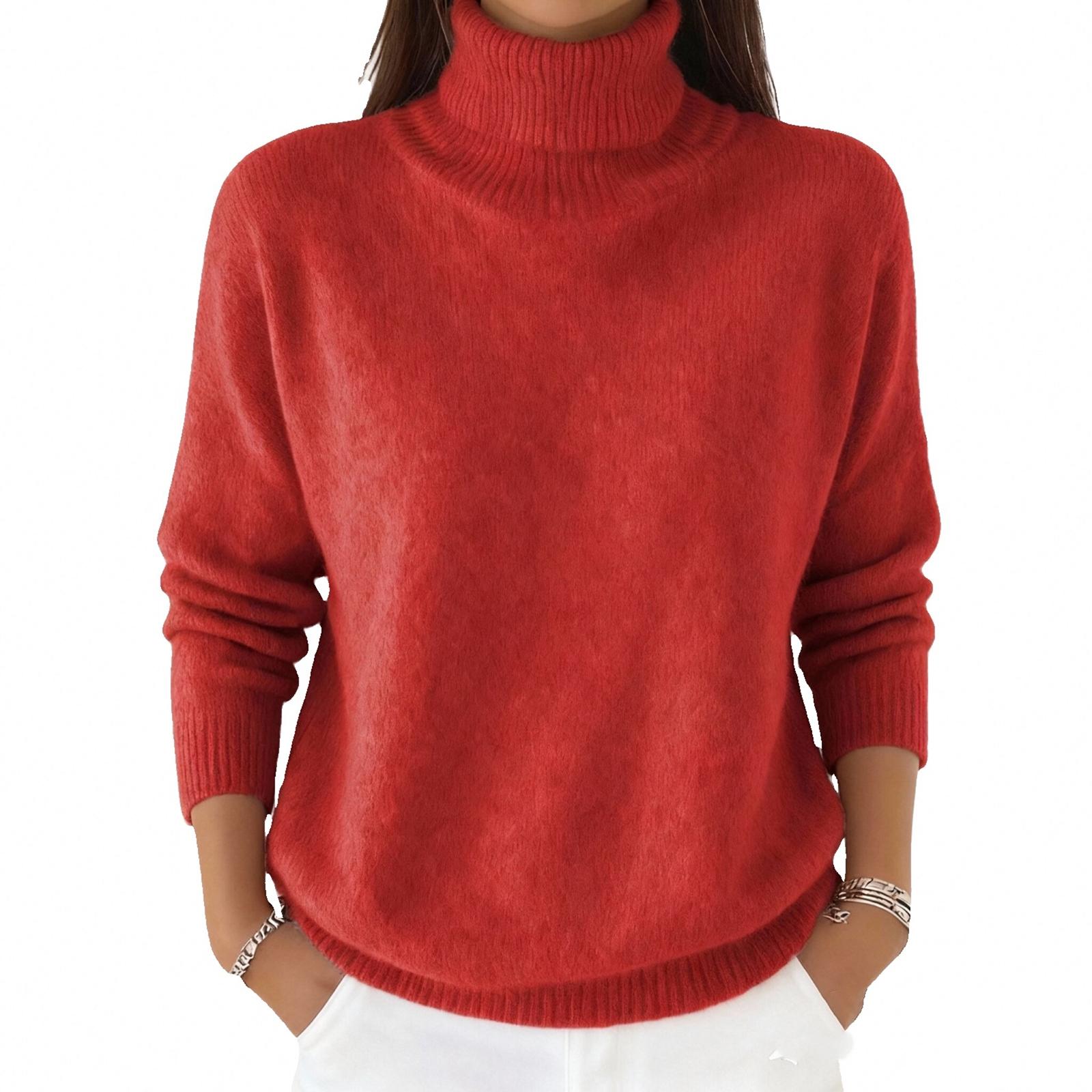 

Fashionable women s high neck knitted sweater, women s long sleeved solid color casual top XL красный