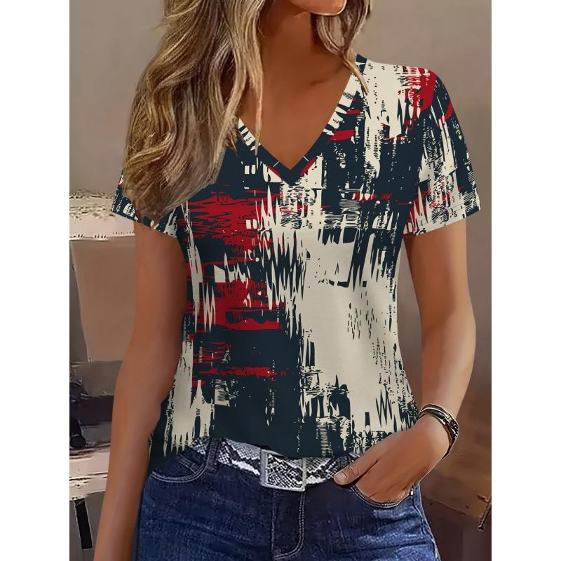 

Vintage Summer New Women s 3D Plaid Print T-Shirt V-Neck Short Sleeves Tees Y2k Fashion Female Tops Streetwear Women s Clothing S