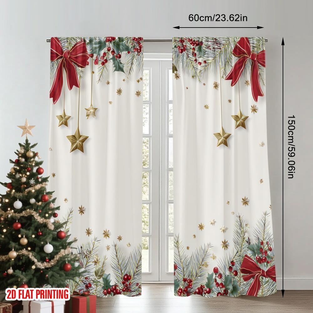 2D flat printing 2pcs Curtains Christmas Garland Stars Ribbon Holly Digital Printed Polyester Drapes Party Decorations for New