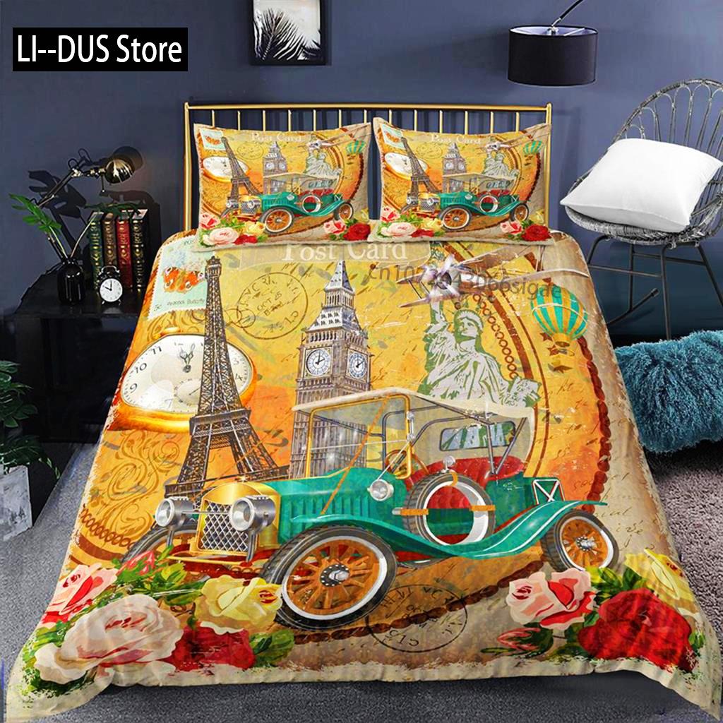 Eiffel Tower Duvet Cover Set Microfiber Paris France Comforter Cover Love Letters French Theme Retro Bedding Set Romantic Gifts