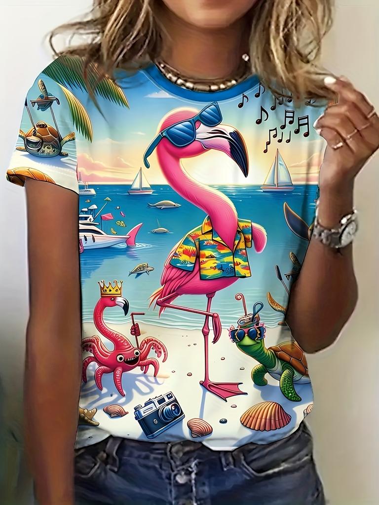 2026 Summer Round Neck Women's T-shirt Fashion 3D Hawaiian Parrot Bird Print Short Sleeve T-shirt Cartoon Casual Top