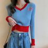 Women's V-neck Sweater Spring Autumn Long-sleeved Knitted Cropped Top Sweater Color-block Pullover Jumper