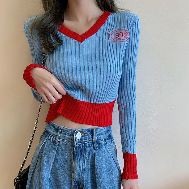 Women's V-neck Sweater Spring Autumn Long-sleeved Knitted Cropped Top Sweater Color-block Pullover Jumper