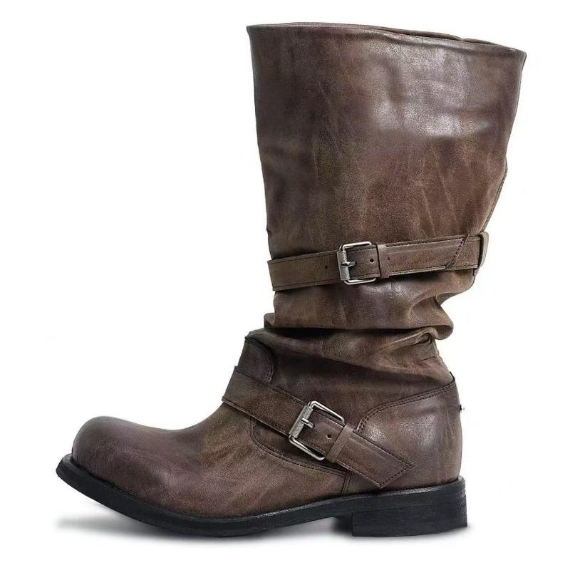 2025 Autumn/winter New Long Leg Women's Boots Round Toe,Pleated Belt Buckle Thick Heel, Western Cowboy Boots, Mid Women Boots
