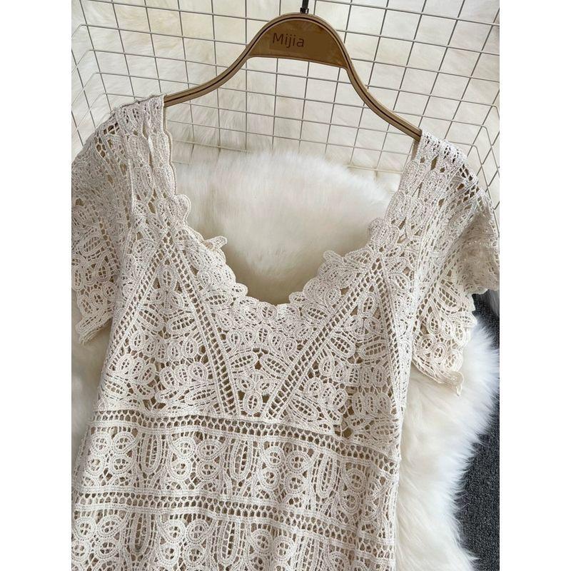 French Summer V Neck A- Line Crochet Cut Out Lace Long Dress