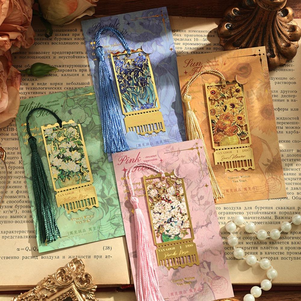 Retro Metal Metal Bookmark Oil Painting Style Famous Painting Floral Painting Bookmark Tassels Stationery Book Clip Teacher