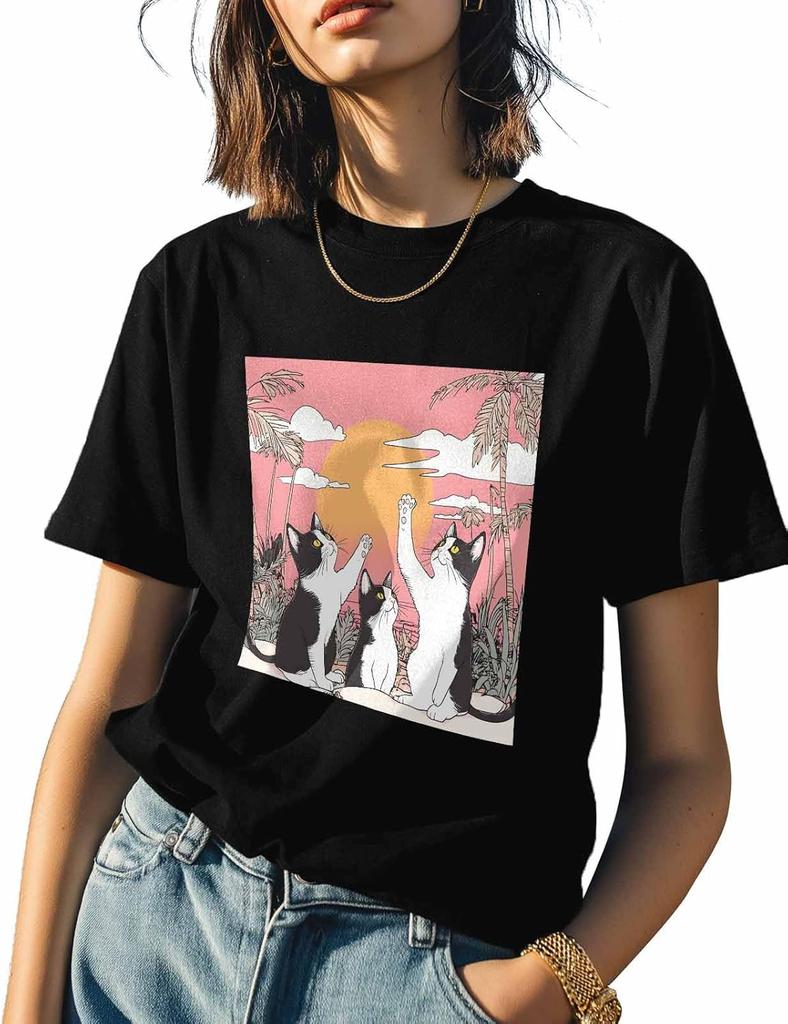 T Shirts for Women Graphic Tees Cute Cats Crew Neck Short Sleeve Shirts for Women Pink Sky Casual T-Shirt