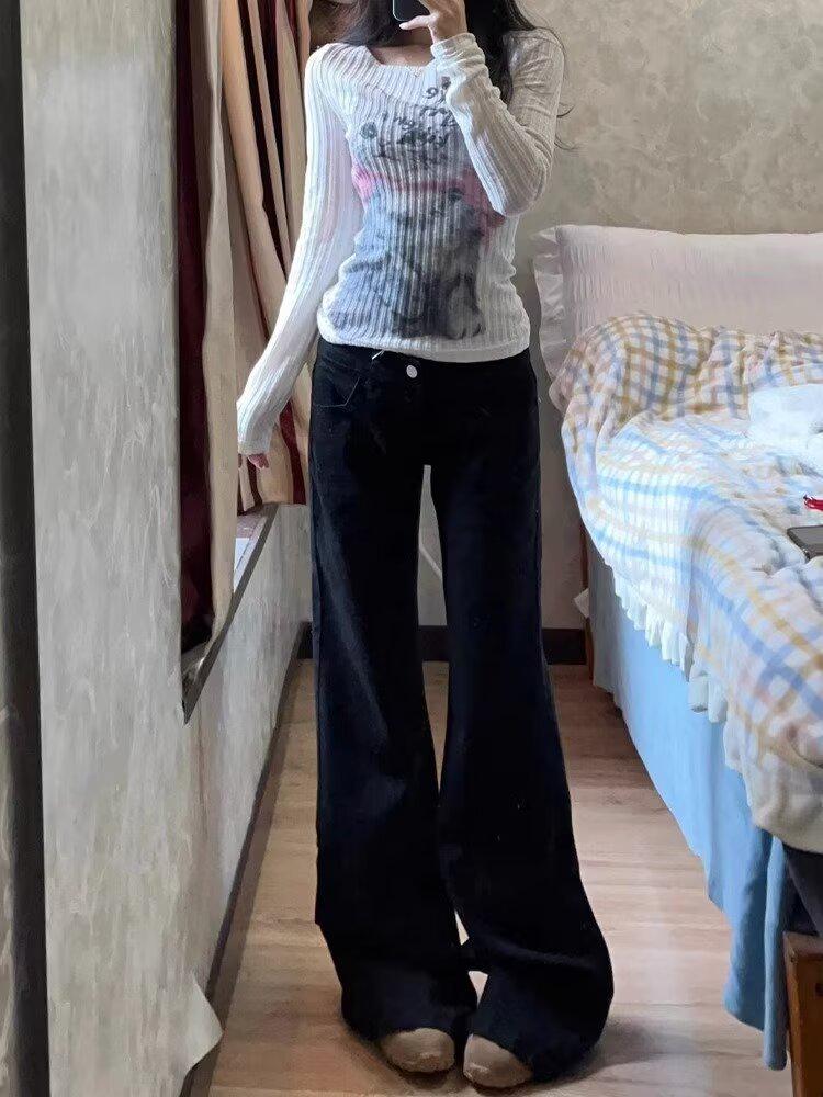 

Женские черные джинсы ретро с низкой посадкой и широкими штанинами - Летние стройнящие микро-клеш брюки Extra Large чёрный