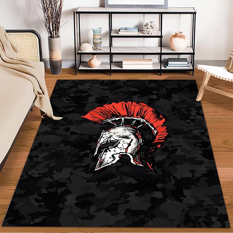 Spartan Helmet Design Carpet with Red Crest on Black Camouflage Background Suitable for use as an anti-slip for living room bedroom sofas