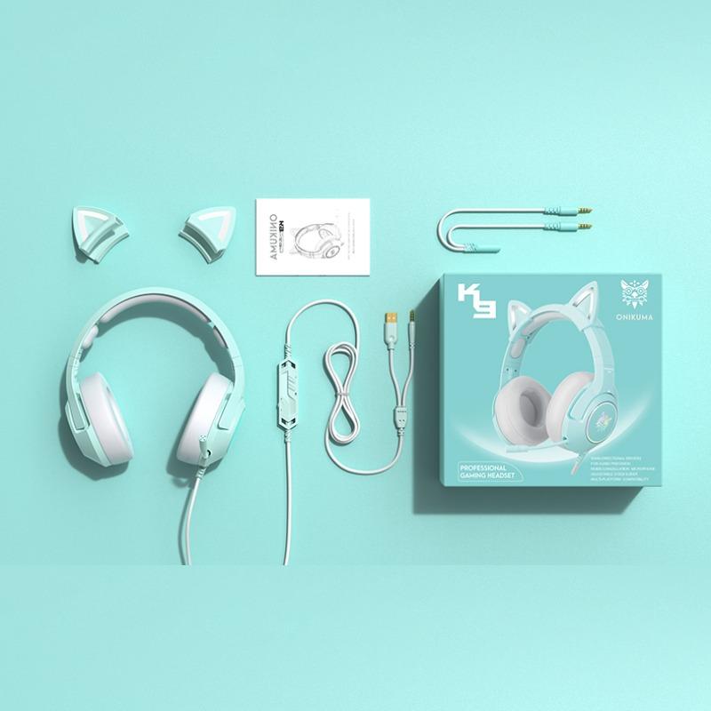 K9 Gaming Headset, Wired Over-Ear Headphones with Detachable Cat Ears, Noise Cancelling Microphone, RGB Backlight, Surround Sound for PC PS5 PS5 Xbox