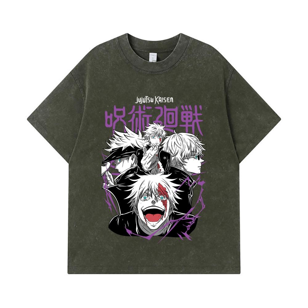

275 GSM Washed T-shirts 100% Cotton Jujutsu Kaisen V3 Gojo Print Unisex Heavy Cotton T Shirt S армия зеленый
