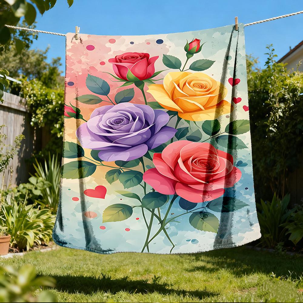 1pc Roses , Floral Outdoor Flannel Blanket Soft All Season Polyester Throw , Perfect for Picnics & Travel , Picnic Accessory