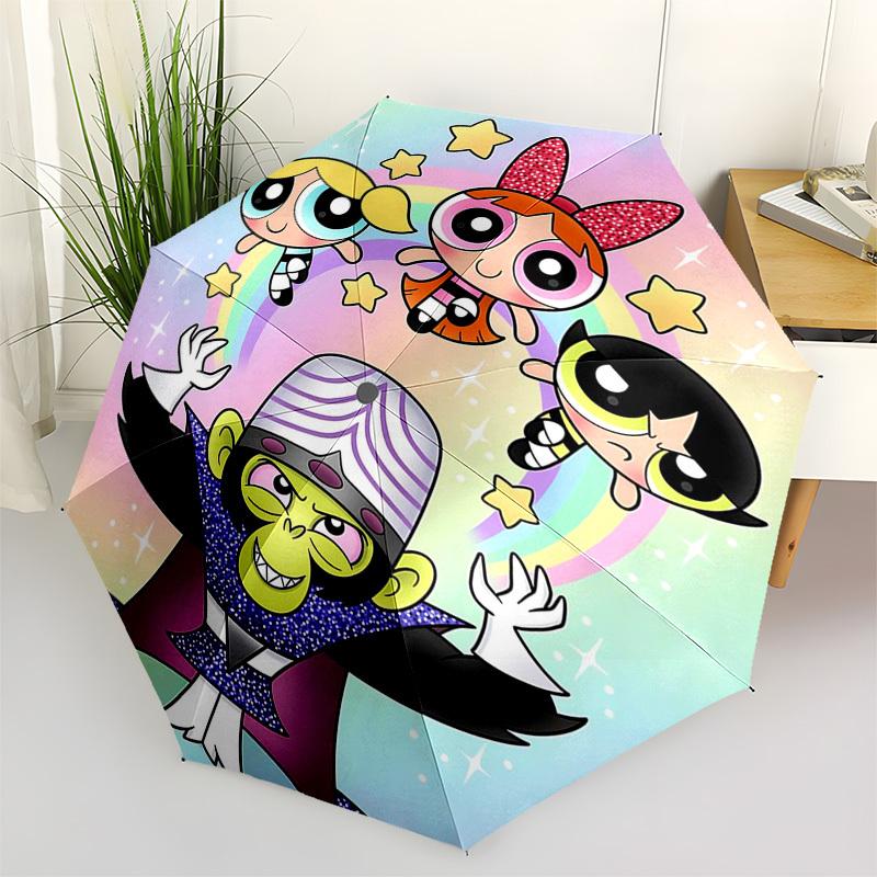 1pc Powerpuff Girls Automatic Opening Umbrella - Portable Tri-Fold Design with 8-Bone Iron Frame, Outdoor Umbrella for Fans, Travelers, Daily Use, Gif